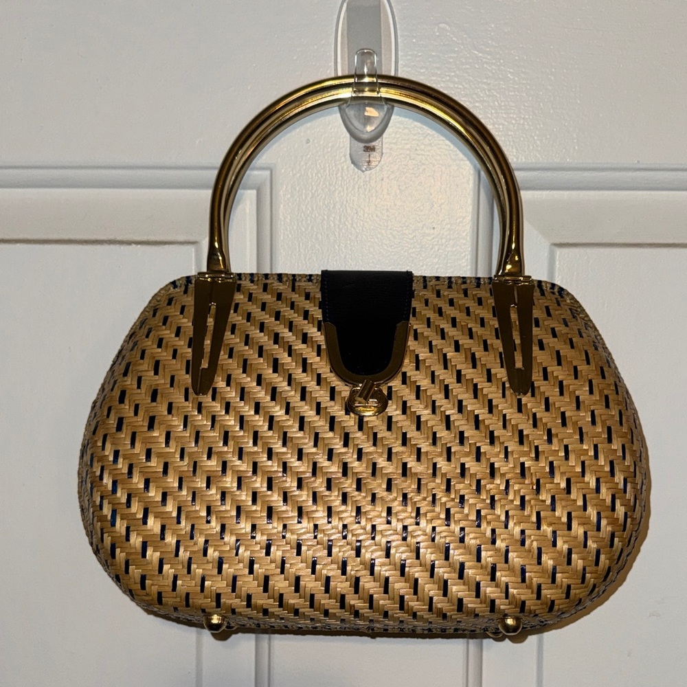 Vintage Woven Straw Top-Handle Bag with Gold Accents - Tan/Black bohemian